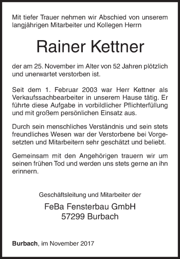 Traueranzeige von Rainer Kettner von Siegener Zeitung