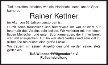 Traueranzeige von Rainer Kettner von Siegener Zeitung