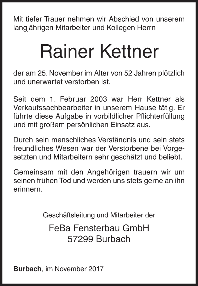  Traueranzeige für Rainer Kettner vom 29.11.2017 aus Siegener Zeitung