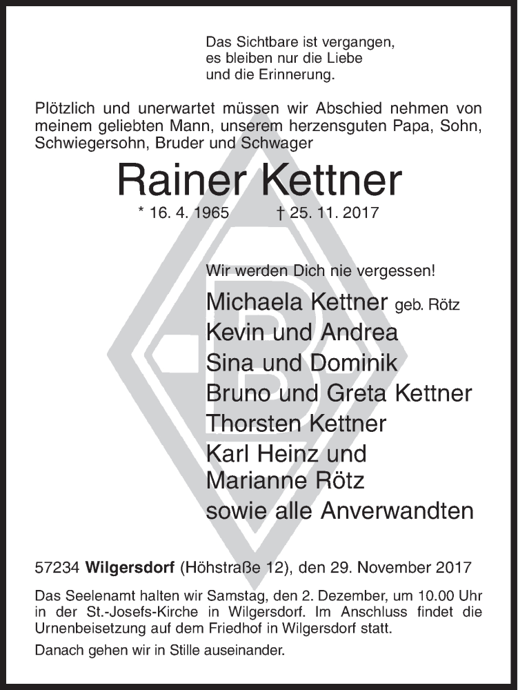  Traueranzeige für Rainer Kettner vom 29.11.2017 aus Siegener Zeitung