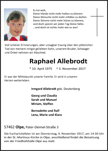 Traueranzeige von Raphael Allebrodt von Siegener Zeitung