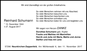 Traueranzeige von Reinhard Schumann von Siegener Zeitung