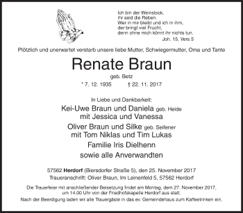 Traueranzeige von Renate Braun von Siegener Zeitung