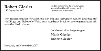 Traueranzeige von Robert Giesler von Siegener Zeitung