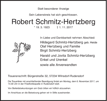 Traueranzeige von Robert Schmitz-Hertzberg von Siegener Zeitung