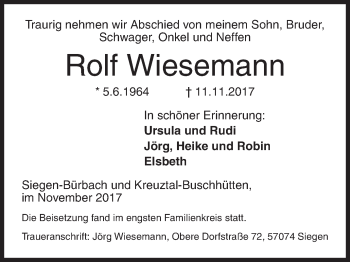 Traueranzeige von Rolf Wiesemann von Siegener Zeitung