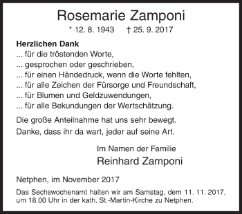 Traueranzeige von Rosemarie Zamponi von Siegener Zeitung