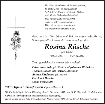 Traueranzeige von Rosina Rüsche von Siegener Zeitung
