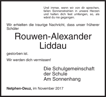 Traueranzeige von Rouwen-Alexander Liddau von Siegener Zeitung