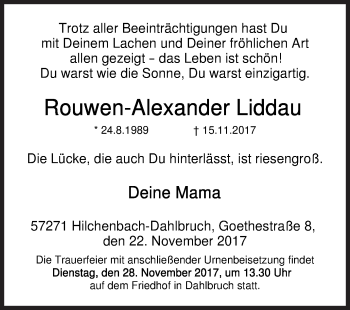 Traueranzeige von Rouwen-Alexander Liddau von Siegener Zeitung