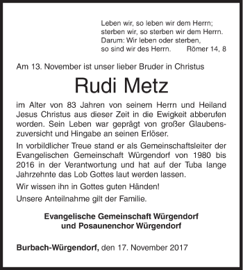 Traueranzeige von Rudi Metz von Siegener Zeitung