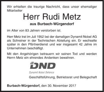 Traueranzeige von Rudi Metz von Siegener Zeitung