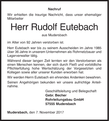 Traueranzeige von Rudolf Eutebach von Siegener Zeitung