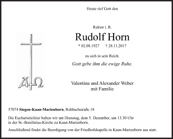 Traueranzeige von Rudolf Horn von Siegener Zeitung