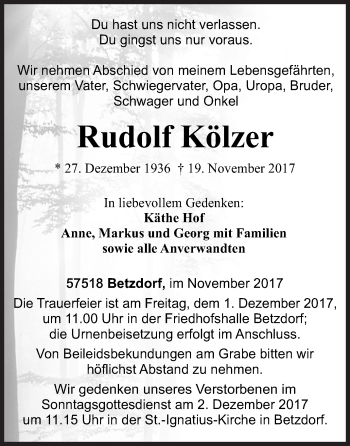 Traueranzeige von Rudolf Kölzer von Siegener Zeitung