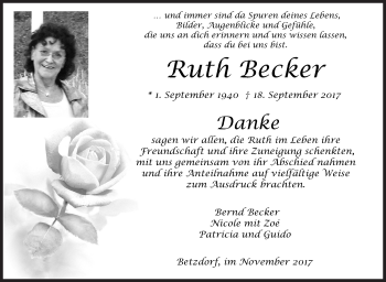 Traueranzeige von Ruth Becker von Siegener Zeitung