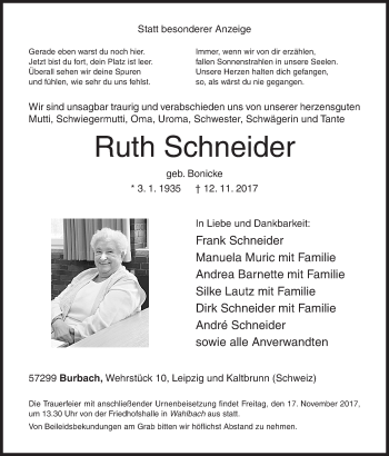 Traueranzeige von Ruth Schneider von Siegener Zeitung