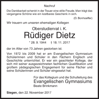Traueranzeige von Rüdiger Dietz von Siegener Zeitung