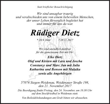 Traueranzeige von Rüdiger Dietz von Siegener Zeitung