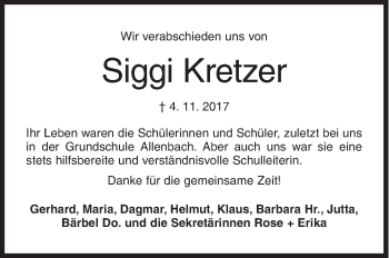 Traueranzeige von Siggi Kretzer von Siegener Zeitung