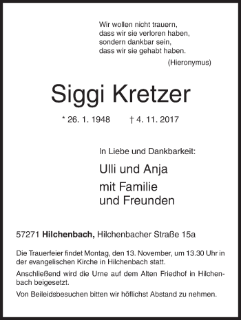 Traueranzeige von Siggi Kretzer von Siegener Zeitung