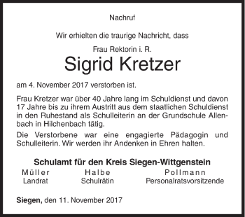 Traueranzeige von Sigrid Kretzer von Siegener Zeitung