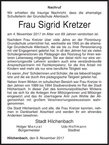 Traueranzeige von Sigrid Kretzer von Siegener Zeitung