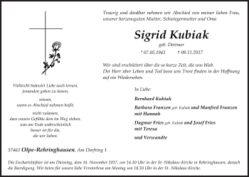 Traueranzeige von Sigrid Kubiak von Siegener Zeitung
