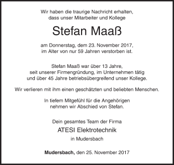 Traueranzeige von Stefan Maaß von Siegener Zeitung