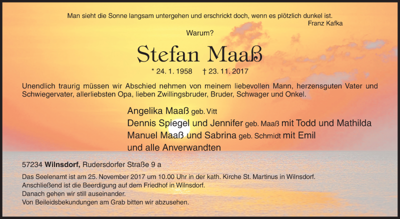  Traueranzeige für Stefan Maaß vom 24.11.2017 aus Siegener Zeitung