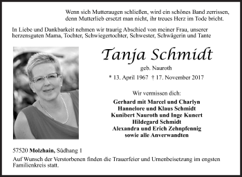 Traueranzeige von Tanja Schmidt von Siegener Zeitung