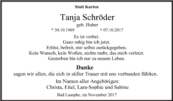 Traueranzeige von Tanja Schröder von Siegener Zeitung