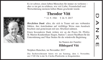 Traueranzeige von Theodor Vitt von Siegener Zeitung