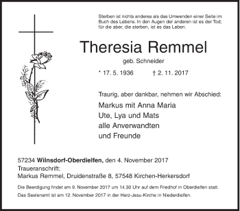 Traueranzeige von Theresia Remmel von Siegener Zeitung