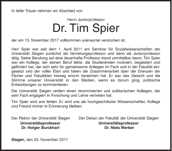 Traueranzeige von Tim Spier von Siegener Zeitung