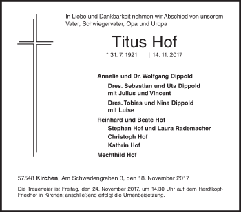 Traueranzeige von Titus Hof von Siegener Zeitung