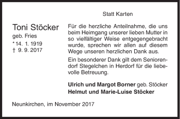 Traueranzeige von Toni Stöcker von Siegener Zeitung