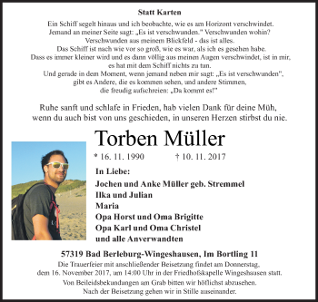 Traueranzeige von Torben Müller von Siegener Zeitung