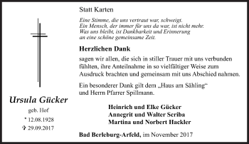 Traueranzeige von Ursula Gücker von Siegener Zeitung