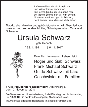 Traueranzeige von Ursula Schwarz von Siegener Zeitung