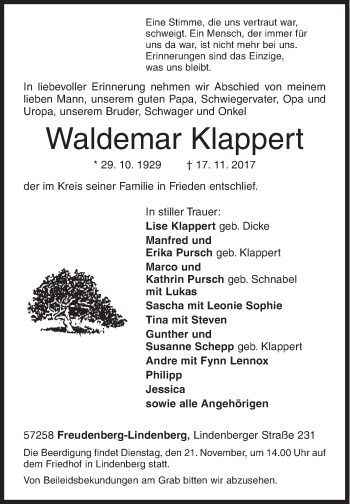 Traueranzeige von Waldemar Klappert von Siegener Zeitung