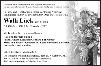 Traueranzeige von Walli Lück von Siegener Zeitung