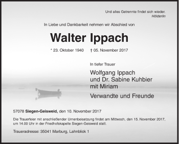 Traueranzeige von Walter Ippach von Siegener Zeitung