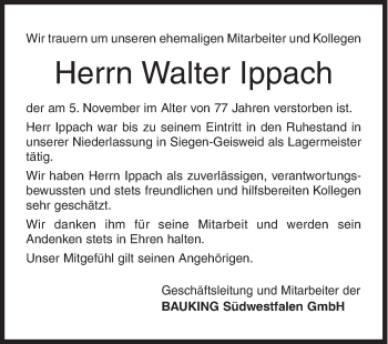 Traueranzeige von Walter Ippach von Siegener Zeitung