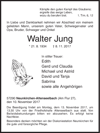 Traueranzeige von Walter Jung von Siegener Zeitung