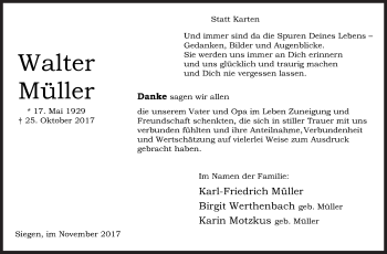 Traueranzeige von Walter Müller von Siegener Zeitung