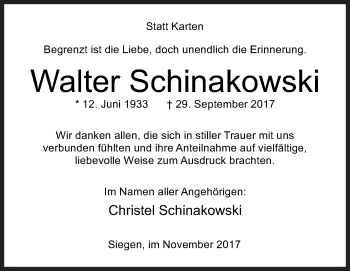 Traueranzeige von Walter Schinakowski von Siegener Zeitung
