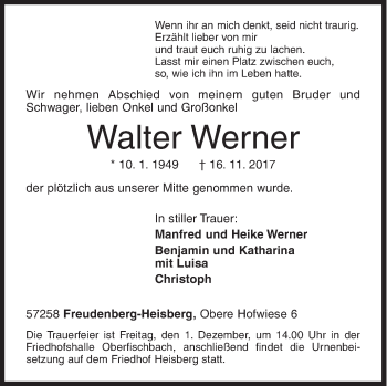 Traueranzeige von Walter Werner von Siegener Zeitung