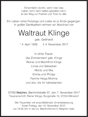 Traueranzeige von Waltraut Klinge von Siegener Zeitung
