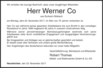 Traueranzeige von Werner Co von Siegener Zeitung